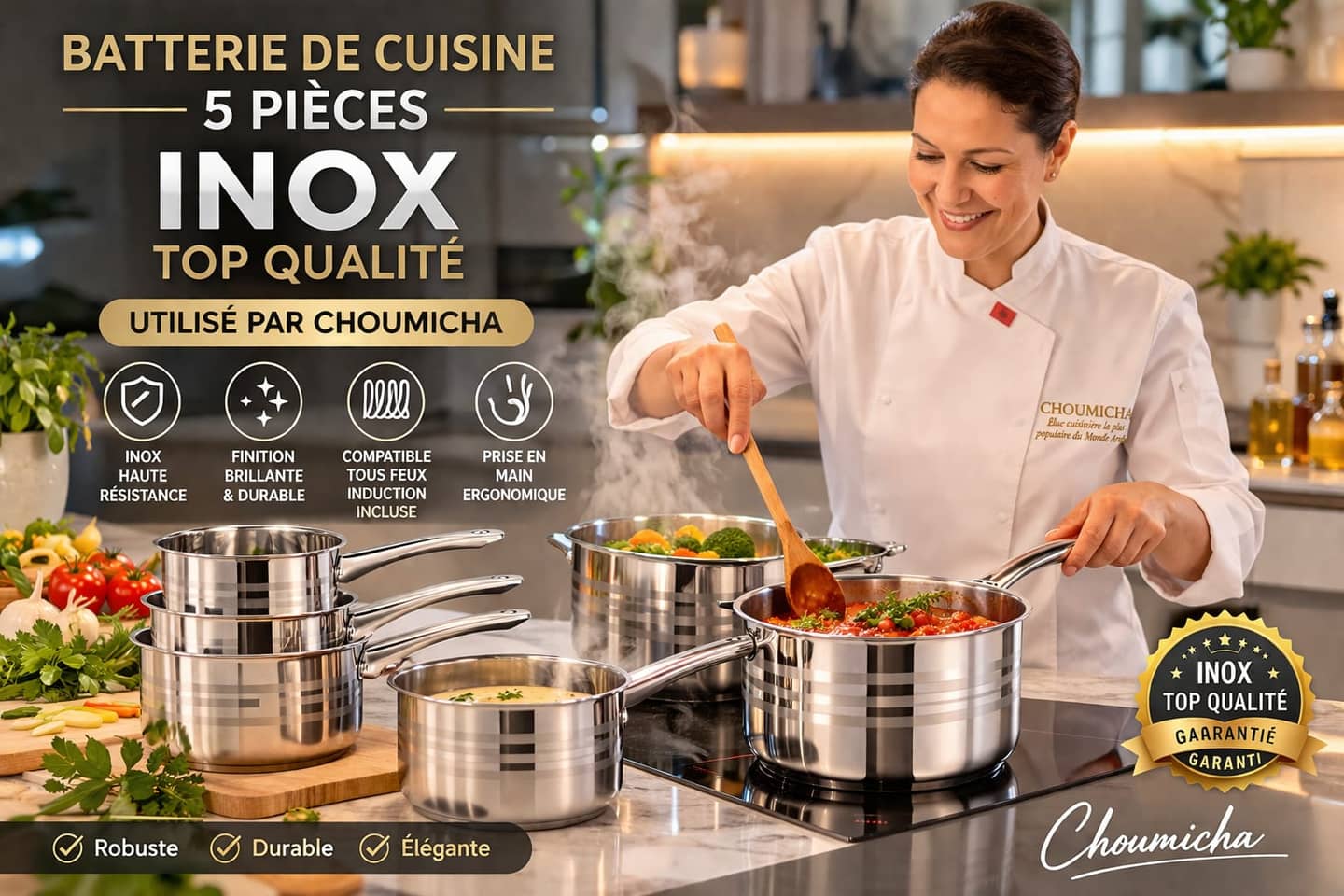 Image d'une boîte de batterie de cuisine Galya de 5 pièces en acier inoxydable avec une femme souriante. — vue 1