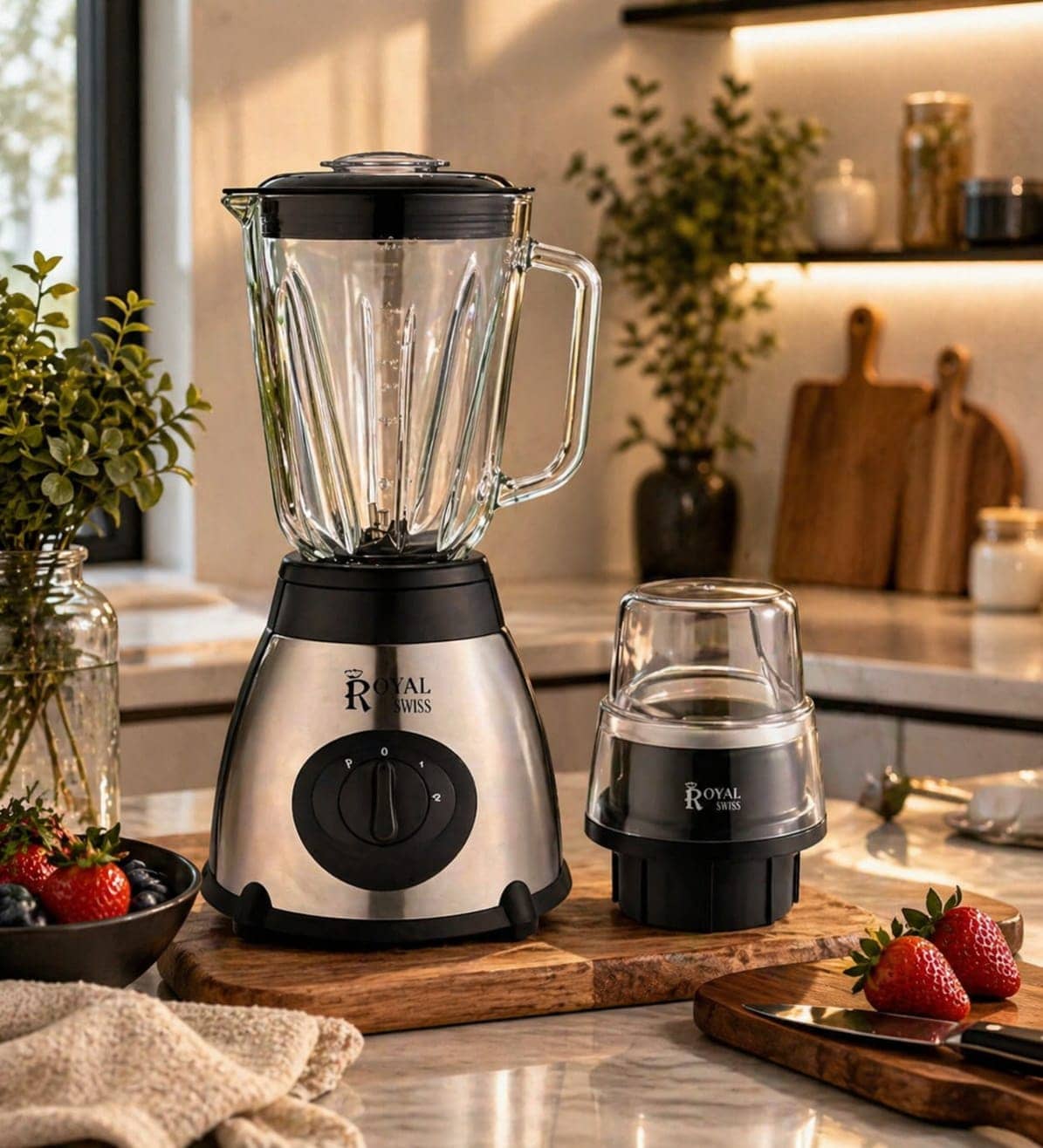 Blender Royal Swiss en acier inoxydable avec bol en verre et broyeur, posé sur un plan de travail de cuisine. — vue 1