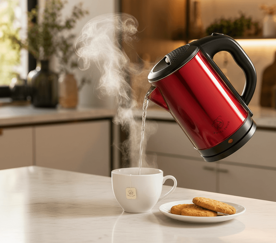 Bouilloire électrique Royal Swiss rouge 1500W 2.0L posée sur un comptoir de cuisine moderne. — vue 3