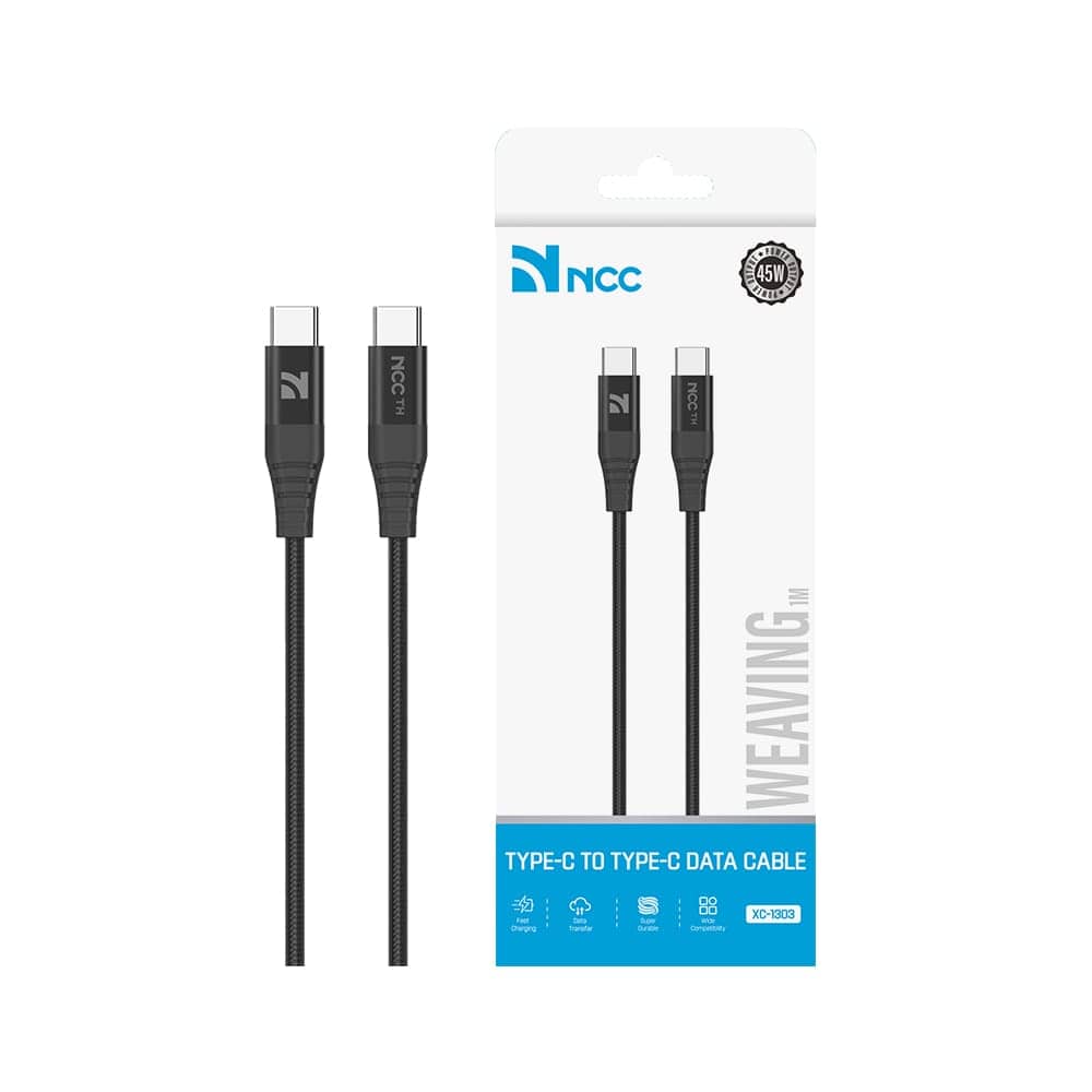 Un câble de données USB-C vers USB-C noir de marque NCC, présenté dans son emballage blanc affichant 45W et 1M. — vue 1
