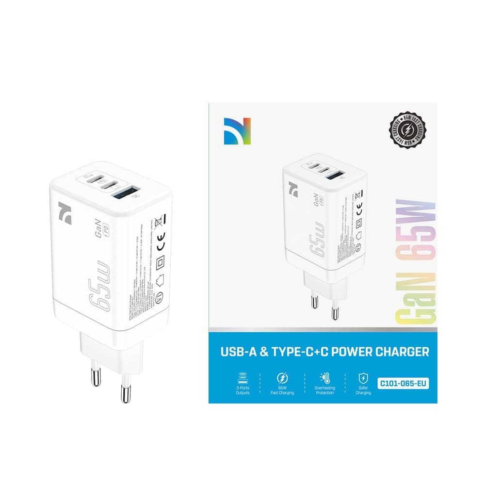 Un chargeur mural blanc compact de 65W avec trois ports USB-A et USB-C, affichant la technologie GaN. — vue 1