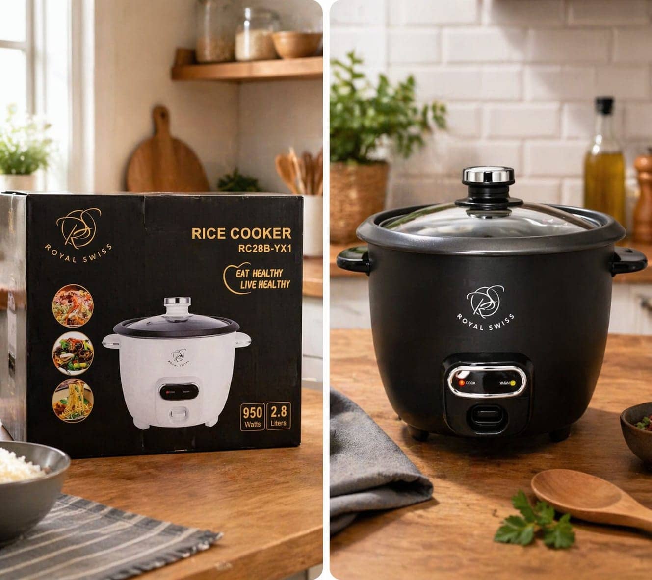 Un cuiseur à riz électrique noir Royal Swiss de 2.8L avec son emballage, posé sur un comptoir en bois. — vue 1