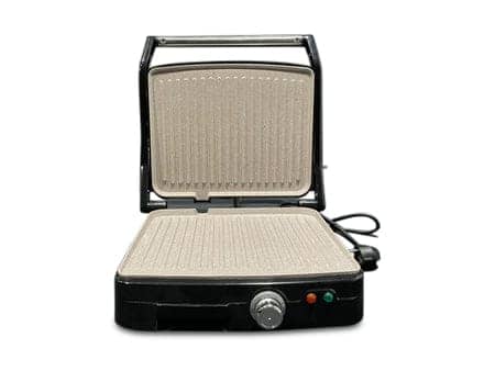 Grill de contact noir ouvert, montrant ses plaques de cuisson striées antiadhésives de couleur claire. — vue 1