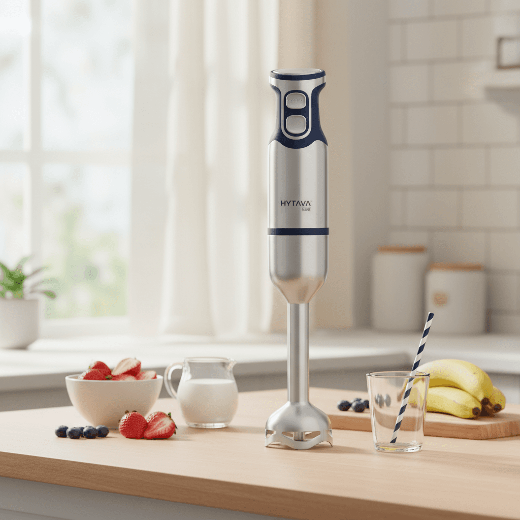 Mixeur plongeant moderne en acier inoxydable avec poignée noire et boutons de commande, sur fond blanc. — vue 2