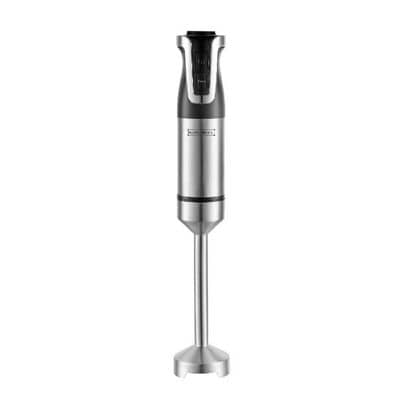 Mixeur plongeant moderne en acier inoxydable avec poignée noire et boutons de commande, sur fond blanc. — vue 1