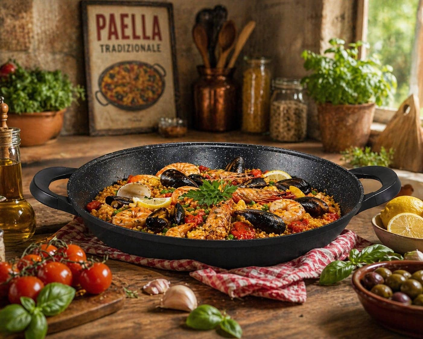 Une poêle à paella noire remplie de paella aux fruits de mer sur une table en bois rustique. — vue 1
