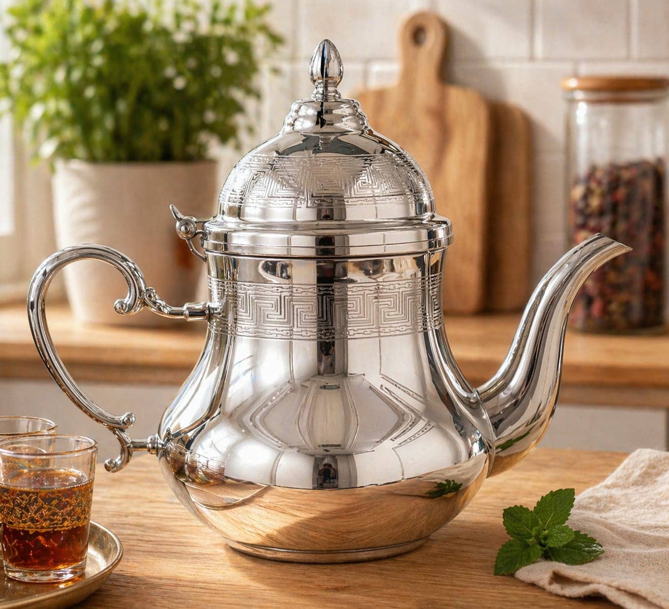 Théière marocaine argentée avec motifs gravés, posée sur une table en bois avec deux verres de thé. — vue 1